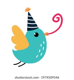 Happy Birthday Concept, Adorable Bird in Party Hat Flying with Party Blower Whistle, Baby Shower Celebration Element Cartoon Vector Illustration