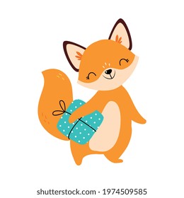 Happy Birthday Concept, Adorable Fox Baby Animal with Present Box, Baby Shower Celebration Element Cartoon Vector Illustration