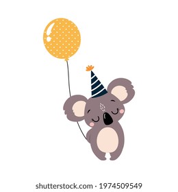 Happy Birthday Concept, Adorable Koala Baby Animal wih Inflatable Balloon, Baby Shower Celebration Element Cartoon Vector Illustration