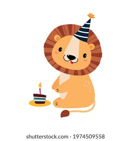 Happy Birthday Concept, Adorable Lion Baby Animal with Festive Cupcake, Baby Shower Celebration Element Cartoon Vector Illustration