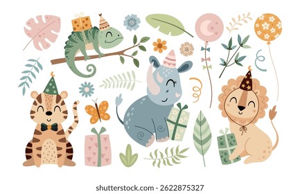 Happy birthday concept animal clipart set. Collection of adorable, jungle, safari, tropical animal design, hand drawn vector illustration in flat style for greeting card, invitation, education, prints