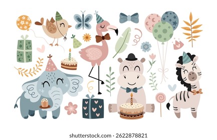 Happy birthday concept animal clipart set. Collection of adorable, jungle, safari, tropical animal design, hand drawn vector illustration in flat style for greeting card, invitation, education, prints
