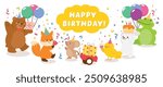 Happy birthday concept animal vector set. Collection of adorable wildlife, bear, fox, rat, rabbit, chick, crocodile. Birthday animal character illustration for greeting card, kid, education, prints.