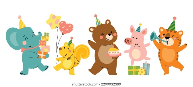 Feliz cumpleaños concepto de vector animal. Colección de vida salvaje adorable, elefante, ardilla. Festividad de cumpleaños divertida ilustración de personaje animal para tarjeta de saludo, invitación, niño, educación, huellas.