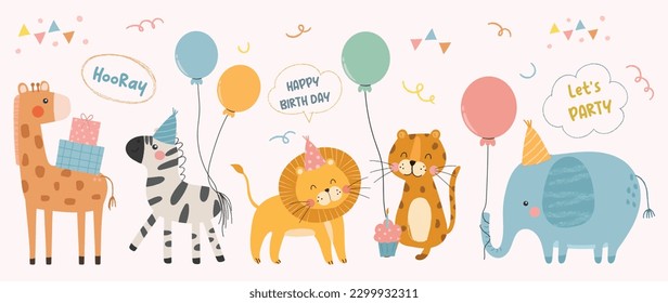 Happy birthday concept animal vector set. Collection of adorable wildlife, elephant, zebra. Birthday party funny animal character illustration for greeting card, invitation, kid, education, prints.