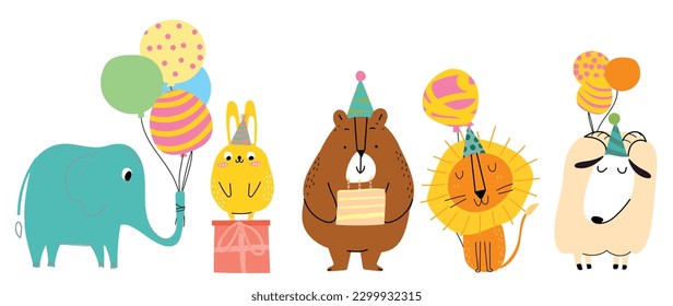 Feliz cumpleaños concepto de vector animal. Colección de vida salvaje adorable, león, elefante. Festividad de cumpleaños divertida ilustración de personaje animal para tarjeta de saludo, invitación, niño, educación, huellas.