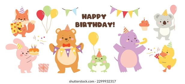 Happy birthday concept animal vector set. Collection of adorable wildlife, hippo, fox, rabbit. Birthday party funny animal character illustration for greeting card, invitation, kid, education, prints.