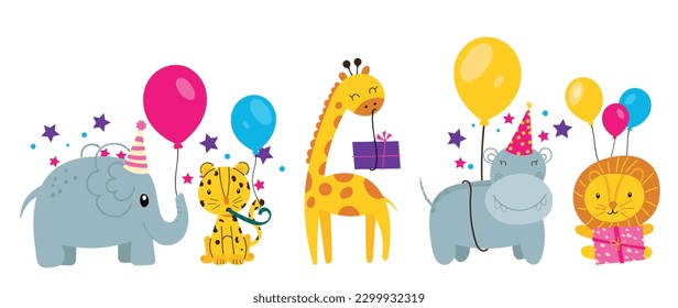 Feliz cumpleaños concepto de vector animal. Colección de vida salvaje adorable, elefante, tigre. Festividad de cumpleaños divertida ilustración de personaje animal para tarjeta de saludo, invitación, niño, educación, huellas.