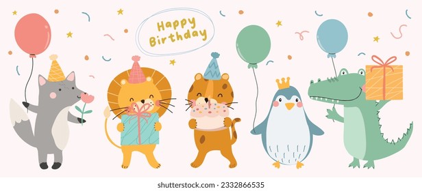 Happy birthday concept animal vector set. Collection of adorable wildlife, fox, penguin, tiger, lion. Birthday party funny animal character illustration for greeting card, invitation, kid, education.