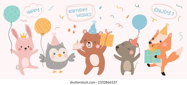 Feliz cumpleaños concepto de vector animal. Colección de vida salvaje adorable, zorro, pájaro, oso, conejo. Festividad de cumpleaños divertida ilustración de personaje animal para tarjeta de saludo, invitación, niño, educación.