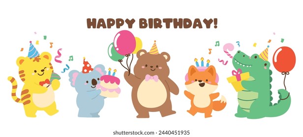 Feliz cumpleaños concepto animal vector conjunto. Colección de adorable vida silvestre, tigre, oso koala, zorro, cocodrilo. Ilustración divertida del personaje animal de la fiesta de cumpleaños para la tarjeta de felicitación, los niños, la educación.