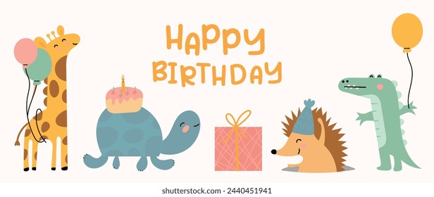 Happy birthday concept animal vector set. Collection of adorable wildlife, giraffe, turtle, porcupine, crocodile. Birthday party funny animal character illustration for greeting card, kids, education.