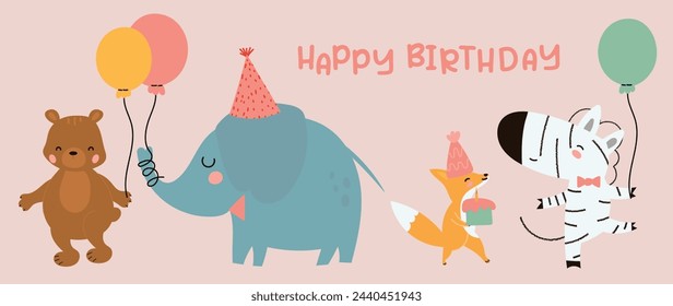 Happy birthday concept animal vector set. Collection of adorable wildlife, bear, elephant, fox, zebra. Birthday party funny animal character illustration for greeting card, kids, education.