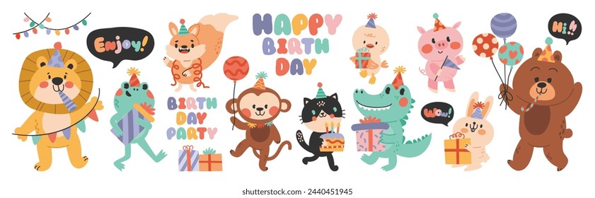 Happy birthday concept animal vector set. Collection of adorable wildlife, lion, frog, monkey, pig, crocodile. Birthday party funny animal character illustration for greeting card, kids, education.