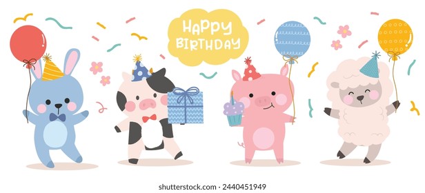 Happy birthday concept animal vector set. Collection of adorable wildlife, rabbit, pig, sheep. Birthday party funny animal character illustration for greeting card, kids, education.