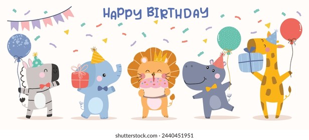 Happy birthday concept animal vector set. Collection of adorable wildlife, giraffe, zebra, elephant, lion, hippo. Birthday party funny animal character illustration for greeting card, kids, education.