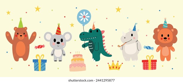 Happy birthday concept animal vector set. Collection of adorable wildlife, bear, rat, crocodile, rhinoceros, lion. Birthday party funny animal character illustration for greeting card, kid, education.