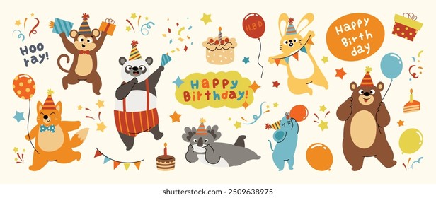 Happy birthday concept animal vector set. Collection of adorable wildlife, bear, monkey, rabbit, rat, panda, squirrel. Birthday animal character illustration for greeting card, kid, education, prints.