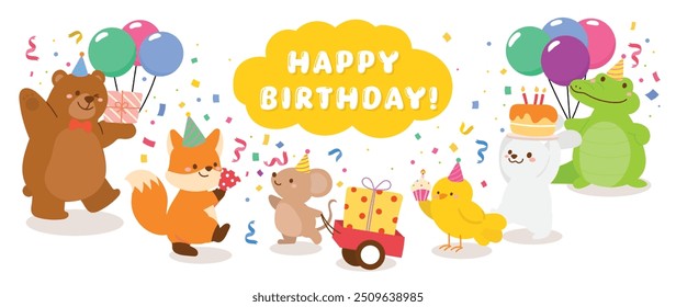 Conjunto de Vector de animal de concepto de feliz cumpleaños. Colección de adorable vida silvestre, oso, zorro, rata, conejo, pollito, cocodrilo. Ilustración de personaje de animal de cumpleaños para tarjeta de felicitación, niño, educación, impresiones.