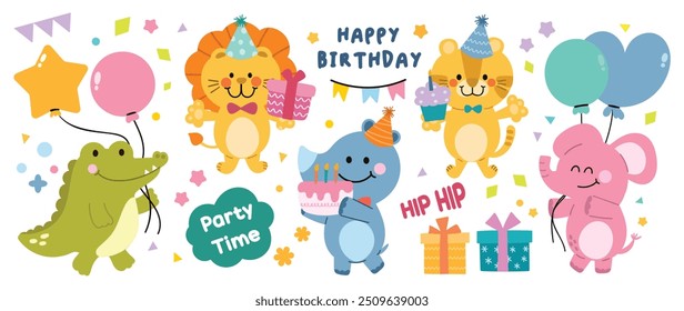 Happy birthday concept animal vector set. Collection of adorable wildlife, lion, tiger, elephant, hippo crocodile. Birthday animal character illustration for greeting card, kid, education, prints.