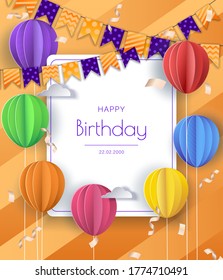Happy Birthday concept. Balloons in clouds. Paper and craft art.