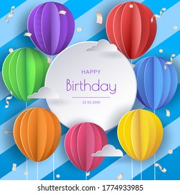 Alles Gute zum Geburtstag! Ballons in Wolken. Papier- und Handwerkskunst.