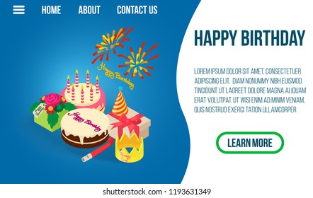 Happy Birthday Concept Banner. Isometric Banner Of Happy Birthday Vector Concept For Web, Giftcard And Postcard