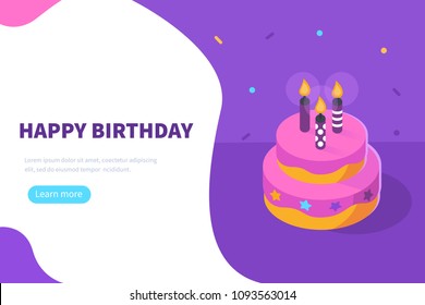 Happy birthday concept banner with text place. Flat isometric vector illustration isolated on white background.