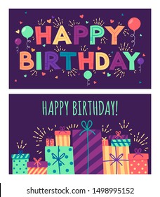 Happy Birthday concept cards. Set of two Happy Birthday banners. Vector present boxes set. Colorful illustration of different gift boxes. Flat style vector illustration