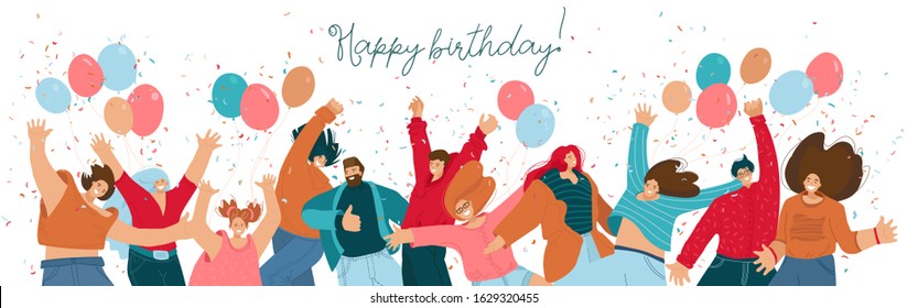 Happy birthday concept with celebrating cheerful, joyfull people with baloons, raided hands, smiling and confetti. Happy people dance and celebrate frends birthday. festivity people