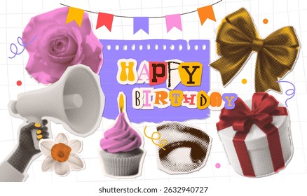 Happy birthday concept collage elements set with female hand holding loudspeaker with bow, box, rose, cupcake, eye. Vector retro halftone grunge dotted holidays presenting celebration vintage design.