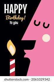 Happy Birthday concept. Cute male character blows out candle and makes wish. Retro template for greeting card, poster and social network. Cartoon flat vector illustration isolated on black background