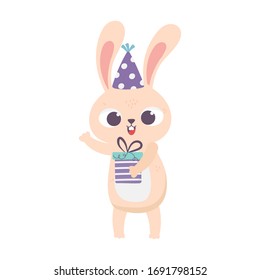 happy birthday concept with cute rabbit with party hat and gift cartoon isolation design icon vector illustration