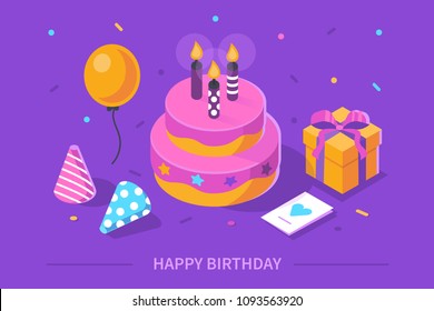 
Happy birthday concept. Flat isometric vector illustration isolated on white background.