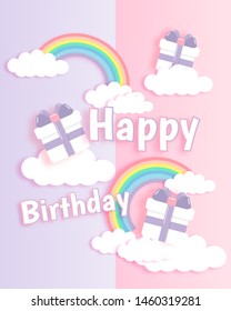 Happy birthday concept . gift boxes with rainbow and  cloud for birthday card . paper cut and craft style . pastel tone . 
