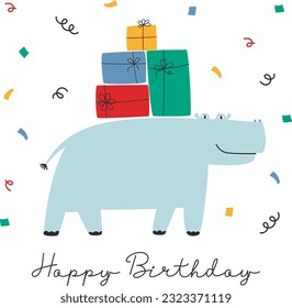 Happy birthday concept for greeting card. Illustration of a funny hippo with gifts for postcard, invitation, poster and banner