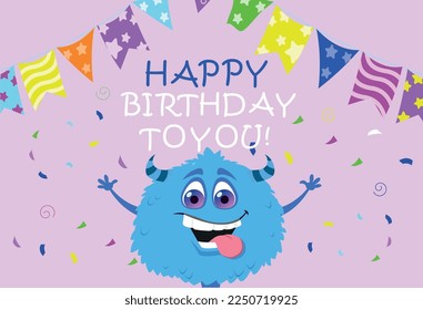 Happy birthday concept. Greeting and invitation card design. Blue monster on background of confetti and text. Template, layout and mockup. Holiday and festival, event. Cartoon flat vector illustration