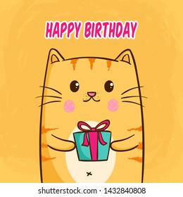Happy Birthday Concept With Kawaii Cute Cat Holding Gift Box