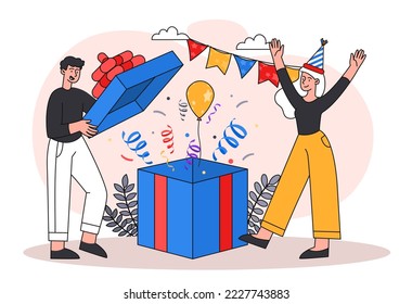 Happy birthday concept. Man and girl open large giftbox. Character gives present to friend. Party, entertainment and event, disco. Holiday and festival. Care and love. Cartoon flat vector illustration