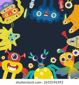 Happy Birthday concept monster alien party vector template card. Flat vector design for comic, education, kids