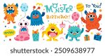 Happy Birthday concept monster party vector set. Collection of cute cartoon monster in different playful characters. Funny alien, demon and creature flat vector design for comic, education, kids.