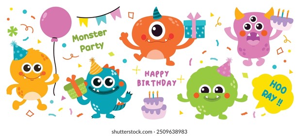 Conjunto de Vector de fiesta de monstruo de concepto de feliz cumpleaños. Colección de monstruo lindo de dibujos animados en diferentes personajes juguetones. Divertido diseño de Vector plano alienígena, demonio y criatura para cómicos, educación, niños.