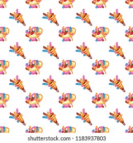 Happy Birthday concept. Pattern sweet cake for celebration party, cake, confectionery cupcakes, colorful balloon, festive flapper and fireworks for holiday