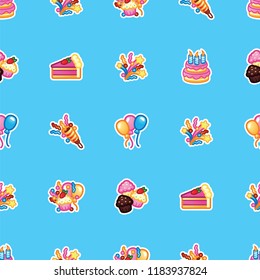 Happy Birthday concept. Pattern sweet cake with candles for celebration party, cake, confectionery cupcakes, colorful balloon, festive flapper and fireworks for holiday