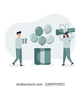 Happy Birthday  concept. People celebrating valentines day party, man holding gift and woman holding gift lid, standing near huge big box with flying balloon