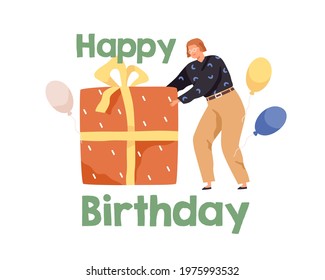 Happy birthday concept with person pushing huge gift box wrapped in festive paper. Woman with balloons and grand holiday present with ribbon and bow. Colored flat vector illustration isolated on white