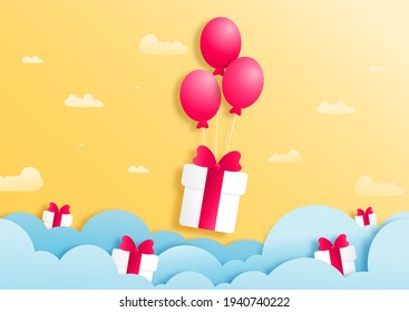 Happy Birthday concept . Red balloon and giftbox with blue cloud on golden background paper cut concept.