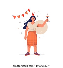 Feliz cumpleaños. Una mujer sonriente levanta su vaso y hace tostadas. Fiesta festiva, celebración de feriados, aniversario, reunión de evento. Ilustración de carácter de vector aislada en fondo blanco