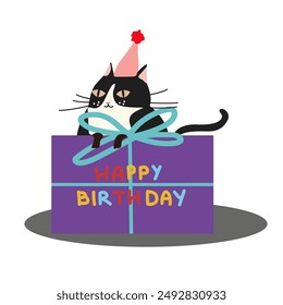 Happy birthday concept. Vector cute cat in birthday hat. Birthday cake with strawberry and candles, gift, inflatable colored balls. Hand drawn inscription