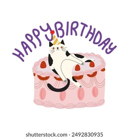 Happy birthday concept. Vector cute cat in birthday hat. Birthday cake with strawberry and candles, gift, inflatable colored balls. Hand drawn inscription